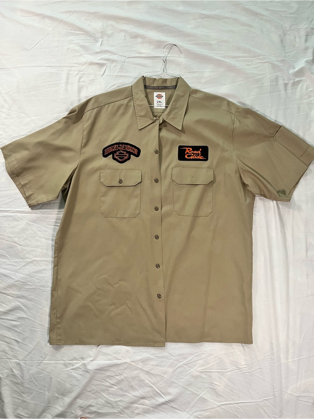 2XL Dickies Khaki Short-Sleeve Button-Down Work Shirt/Harley Davidson Patches
